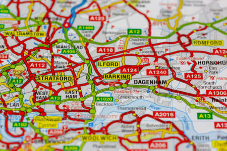 02-18-2021 Portsmouth, Hampshire, UK Barking in London and surrounding areas shown on a road map or geography mapのeditorial素材