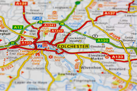 02-18-2021 Portsmouth, Hampshire, UK Colchester and surrounding areas shown on a road map or geography mapのeditorial素材