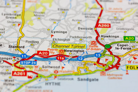 02-18-2021 Portsmouth, Hampshire, UK The channel tunnel and surrounding areas shown on a road map or geography mapのeditorial素材