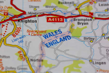 02-18-2021 Portsmouth, Hampshire, UK the welsh and england border and surrounding areas shown on a road map or geography mapのeditorial素材