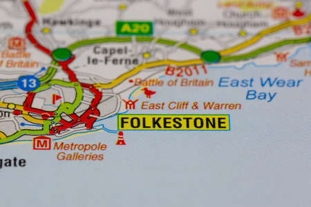 02-18-2021 Portsmouth, Hampshire, UK Folkestone and surrounding areas shown on a road map or geography mapのeditorial素材
