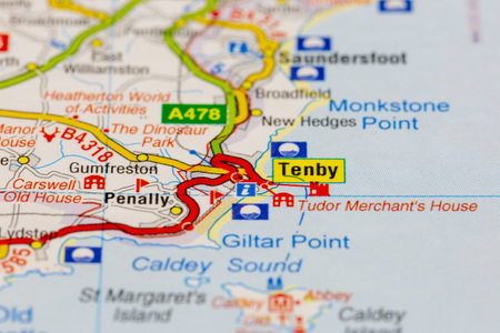 02-18-2021 Portsmouth, Hampshire, UK Tenby and surrounding areas shown on a road map or geography mapのeditorial素材