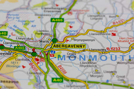 02-18-2021 Portsmouth, Hampshire, UK Abergavenny and surrounding areas shown on a road map or geography mapのeditorial素材