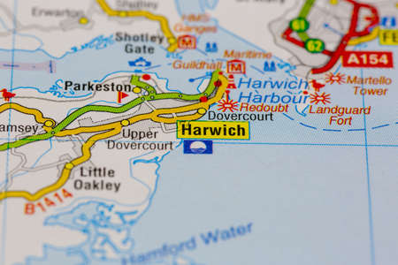 02-18-2021 Portsmouth, Hampshire, UK Harwich and surrounding areas shown on a road map or geography mapのeditorial素材