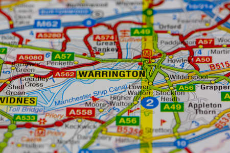 02-18-2021 Portsmouth, Hampshire, UK Warrington and surrounding areas shown on a road map or geography mapのeditorial素材