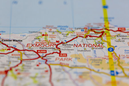 02-19-2021 Portsmouth, Hampshire, UK Exmoor national park and surrounding areas shown on a road map or Geography mapのeditorial素材