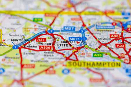 02-19-2021 Portsmouth, Hampshire, UK Totton near southampton and surrounding areas shown on a road map or Geography mapのeditorial素材