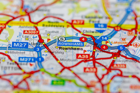 02-19-2021 Portsmouth, Hampshire, UK Rownhams services on the M27 and surrounding areas shown on a road map or Geography mapのeditorial素材
