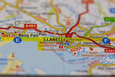 02-19-2021 Portsmouth, Hampshire, UK Llanelli and surrounding areas shown on a road map or Geography mapのeditorial素材
