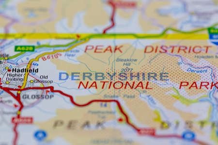 02-19-2021 Portsmouth, Hampshire, UK Derbyshire and surrounding areas shown on a road map or Geography mapのeditorial素材