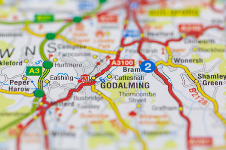 02-24-2021 Portsmouth, Hampshire, UK Godalming shown on a road map or geography mapのeditorial素材