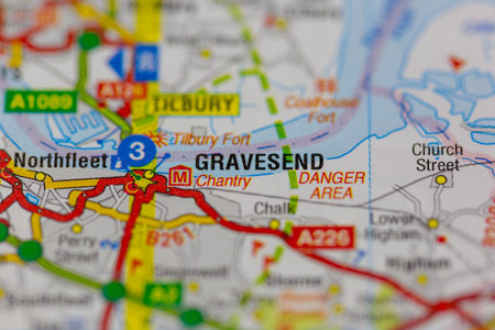 02-24-2021 Portsmouth, Hampshire, UK Gravesend shown on a road map or geography mapのeditorial素材