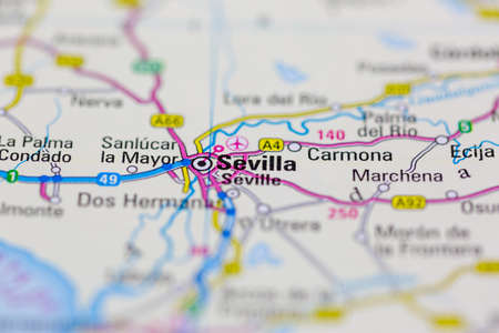 02-26-2021 Portsmouth, Hampshire UK Seville or Savilla shown on a Road map or a geography mapのeditorial素材