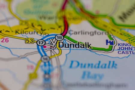 02-28-2021 Portsmouth, Hampshire, UK Dundalk Shown on a road map or Geography mapのeditorial素材