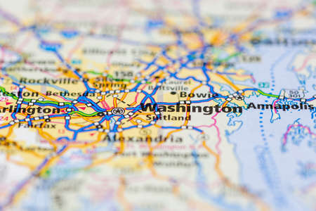 04-26-2021 Portsmouth, Hampshire, UK Washington USA and surrounding areas Shown on a road map or...