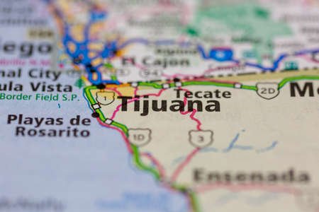 04-26-2021 Portsmouth, Hampshire, UK Tijuana Mexico and surrounding areas Shown on a road map or...