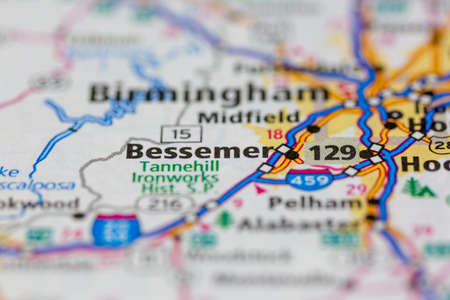 04-26-2021 Portsmouth, Hampshire, UK, Bessemer Alabama USA shown on a road map or geography mapのeditorial素材