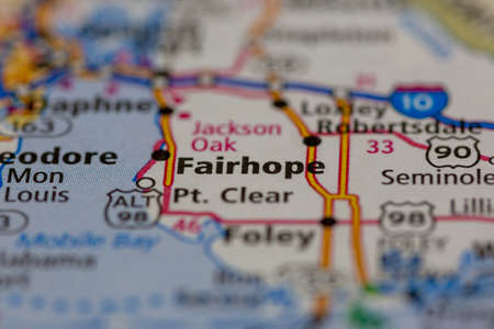 04-28-2021 Portsmouth, Hampshire, UK, Fairhope Alabama USA shown on a geography map or road map