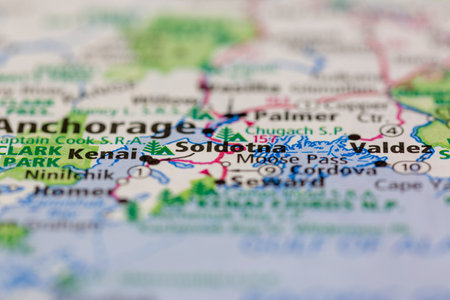 04-28-2021 Portsmouth, Hampshire, UK, Soldotna Alaska USA shown on a geography map or road mapのeditorial素材