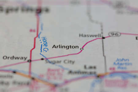 04-29-2021 Portsmouth, Hampshire, UK, Arlington Colorado USA shown on a Geography map or road mapのeditorial素材