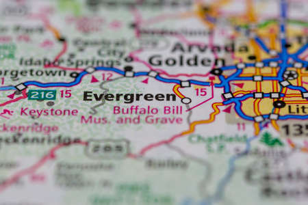 04-29-2021 Portsmouth, Hampshire, UK, Evergreen Colorado USA shown on a Geography map or road mapのeditorial素材