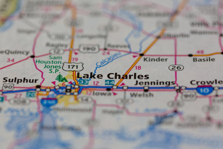 05-13-2021 Portsmouth, Hampshire, UK, Lake Charles Louisiana USA Shown on a Geography map or road mapのeditorial素材