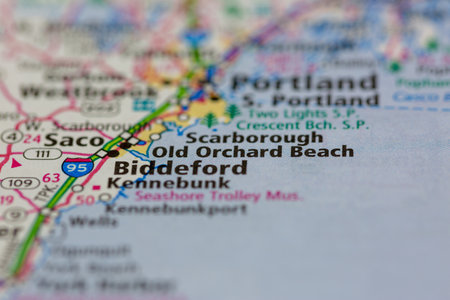 05-14-2021 Portsmouth, Hampshire, UK, Old Orchard Beach Maine USA shown on a Geography map or road...