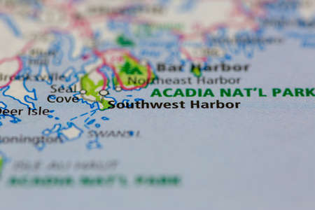 05-14-2021 Portsmouth, Hampshire, UK, Southwest Harbor Maine USA shown on a Geography map or road mapのeditorial素材