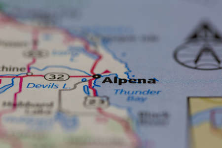05-14-2021 Portsmouth, Hampshire, UK, Alpena Michigan USA shown on a Geography map or road map