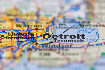 05-14-2021 Portsmouth, Hampshire, UK, Detroit Michigan USA shown on a Geography map or road mapのeditorial素材