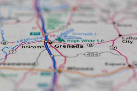17-05-2021 Portsmouth, Hampshire, UK, Grenada Mississippi USA shown on a Geography map or road mapのeditorial素材
