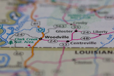 17-05-2021 Portsmouth, Hampshire, UK, Woodville Mississippi USA shown on a Geography map or road mapのeditorial素材