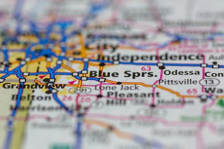 05-18-2021 Portsmouth, Hampshire, UK, Blue Springs Missouri USA shown on a Geography map or road mapのeditorial素材
