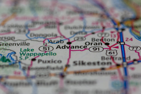 05-18-2021 Portsmouth, Hampshire, UK, Advance Missouri USA shown on a Geography map or road mapのeditorial素材