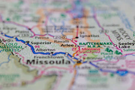 05-19-2021 Portsmouth, Hampshire, UK, Arlee Montana USA shown on a Geography map or road mapのeditorial素材