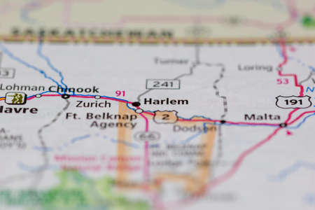05-19-2021 Portsmouth, Hampshire, UK, Harlem Montana USA shown on a Geography map or road mapのeditorial素材