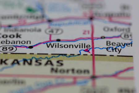 05-19-2021 Portsmouth, Hampshire, UK, Wilsonville Nebraska USA Shown on a Geography map or Road mapのeditorial素材