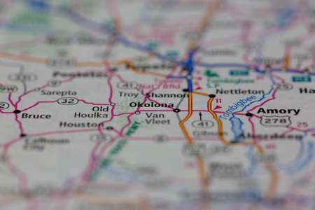 17-05-2021 Portsmouth, Hampshire, UK, Okolona Mississippi USA shown on a Geography map or road mapのeditorial素材