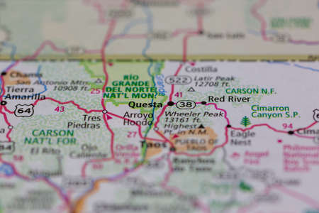 05-24-2021 Portsmouth, Hampshire, UK, Questa New Mexico USA shown on a Geography map or road maのeditorial素材