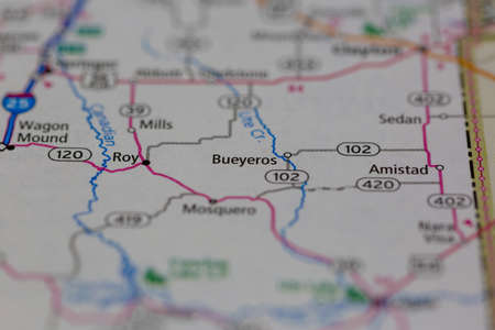 05-24-2021 Portsmouth, Hampshire, UK, Bueyeros New Mexico USA shown on a Geography map or road maのeditorial素材