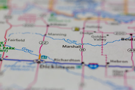 06-10-2021 Portsmouth, Hampshire, UK, Marshall North Dakota USA shown of a Road map or Geography mapのeditorial素材