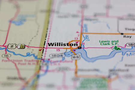 06-10-2021 Portsmouth, Hampshire, UK, Williston North Dakota USA shown of a Road map or Geography mapのeditorial素材