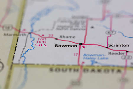 06-10-2021 Portsmouth, Hampshire, UK, Bowman North Dakota USA shown of a Road map or Geography mapのeditorial素材
