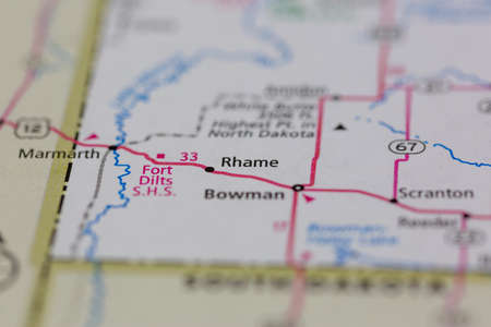 06-10-2021 Portsmouth, Hampshire, UK, Rhame North Dakota USA shown of a Road map or Geography mapのeditorial素材