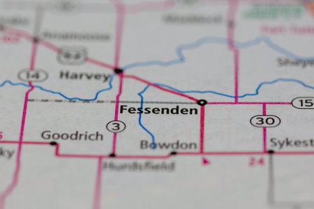 06-10-2021 Portsmouth, Hampshire, UK, Fessenden North Dakota USA shown of a Road map or Geography mapのeditorial素材