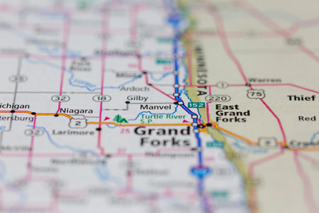 06-10-2021 Portsmouth, Hampshire, UK, Manvel North Dakota USA shown of a Road map or Geography mapのeditorial素材