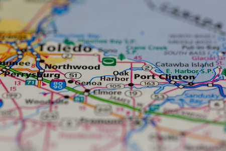 06-14-2021 Portsmouth, Hampshire, UK, Oak Harbor Ohio USA shown on a Geography map or Road mapのeditorial素材