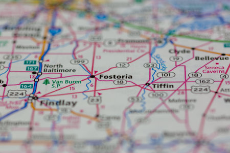 06-14-2021 Portsmouth, Hampshire, UK, Fostoria Ohio USA shown on a Geography map or Road mapのeditorial素材