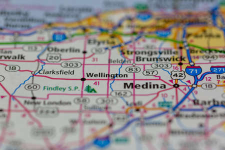 06-14-2021 Portsmouth, Hampshire, UK, Wellington Ohio USA shown on a Geography map or Road mapのeditorial素材