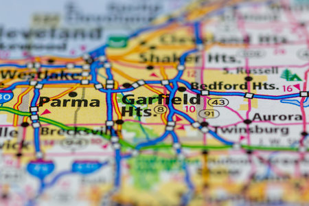 06-14-2021 Portsmouth, Hampshire, UK, Garfield Heights Ohio USA shown on a Geography map or Road mapのeditorial素材